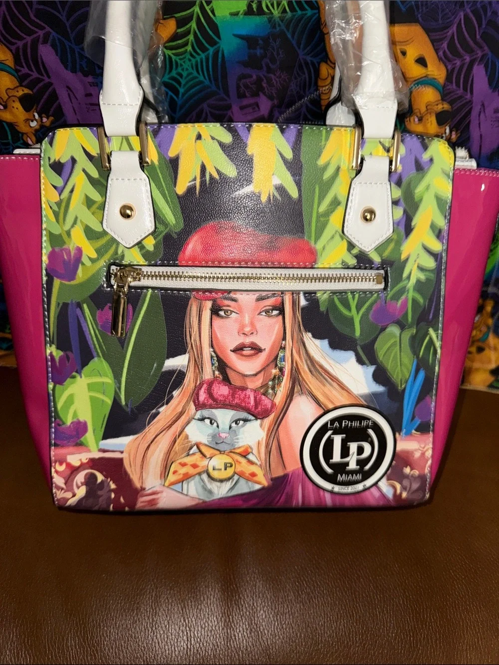 Pink Multi-Color Graphic Satchel with White Handles